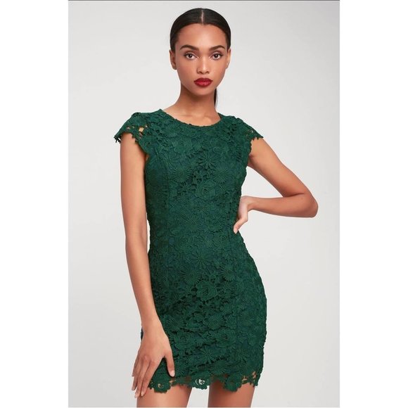 Lulus Womens Backless Lace Sheath Dress Short Sleeves Back Zip Green Size Small - Picture 1 of 11
